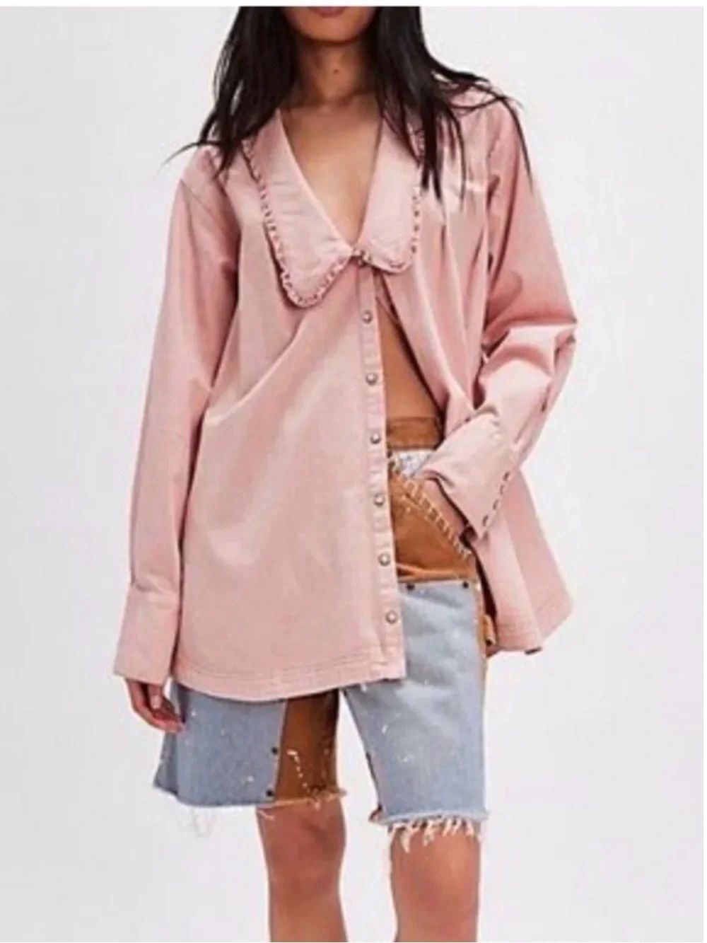 FREE PEOPLE Charlie Denim Button-Down Shirt Rose